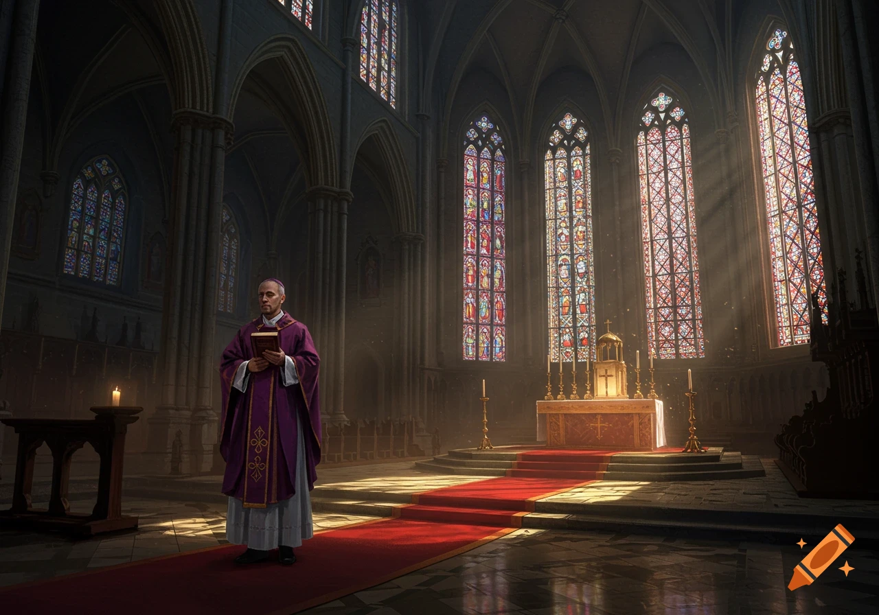 A priest in purple vestments stands holding a book inside a grand cathedral with colorful stained glass windows and sunbeams.