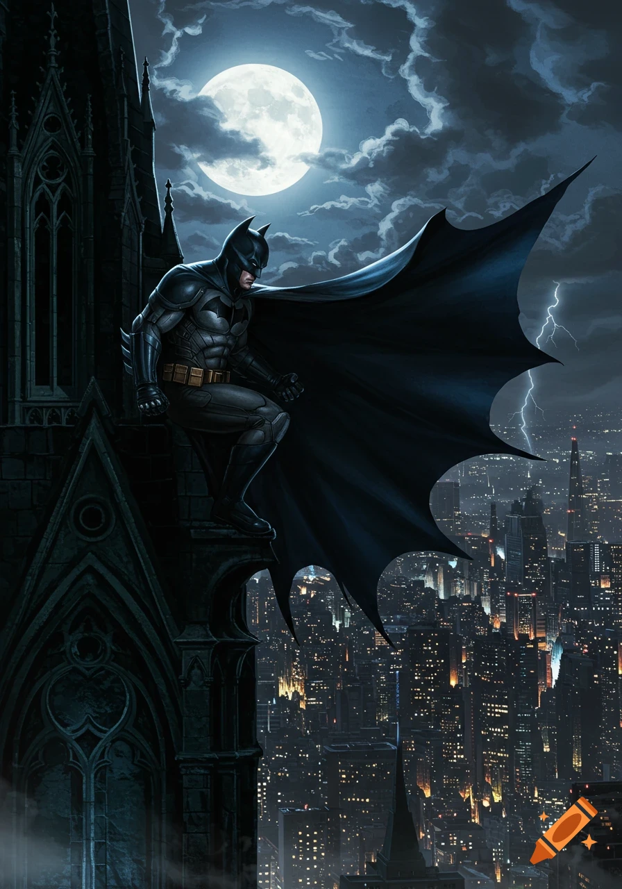 Batman crouches on a gothic building gargoyle overlooking a neon-lit Gotham city under a full moon and stormy sky with lightning.