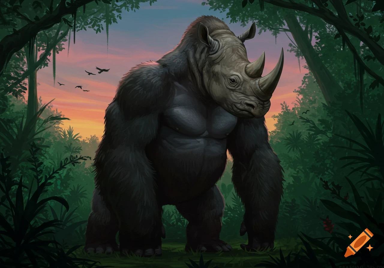 Illustration of a muscled gorilla with a rhino head standing in a lush jungle at sunset.