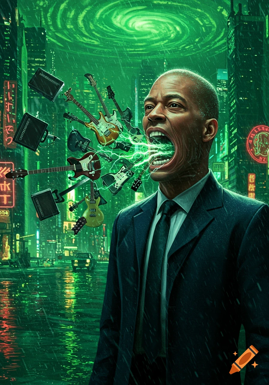 A man in a suit with an open mouth inhales electric guitars and amplifiers, surrounded by green lightning and a glowing city at night.