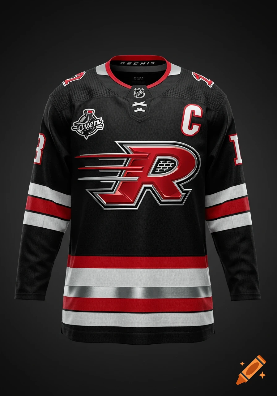 A photorealistic, jet black hockey jersey with red, white, and chrome stripe accents, featuring a stylized metallic red 'R' logo on the chest and white numbers with red accents on the sleeves.