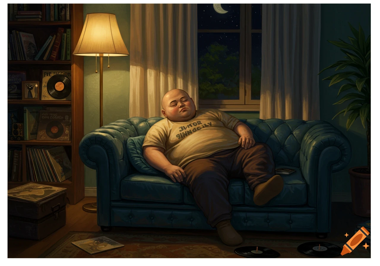 A bald, heavy-set man naps on a green couch in a cozy living room at night, with records on shelves and floor.