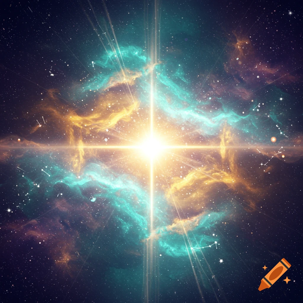Bright star with teal and gold nebulae and constellations in deep space.