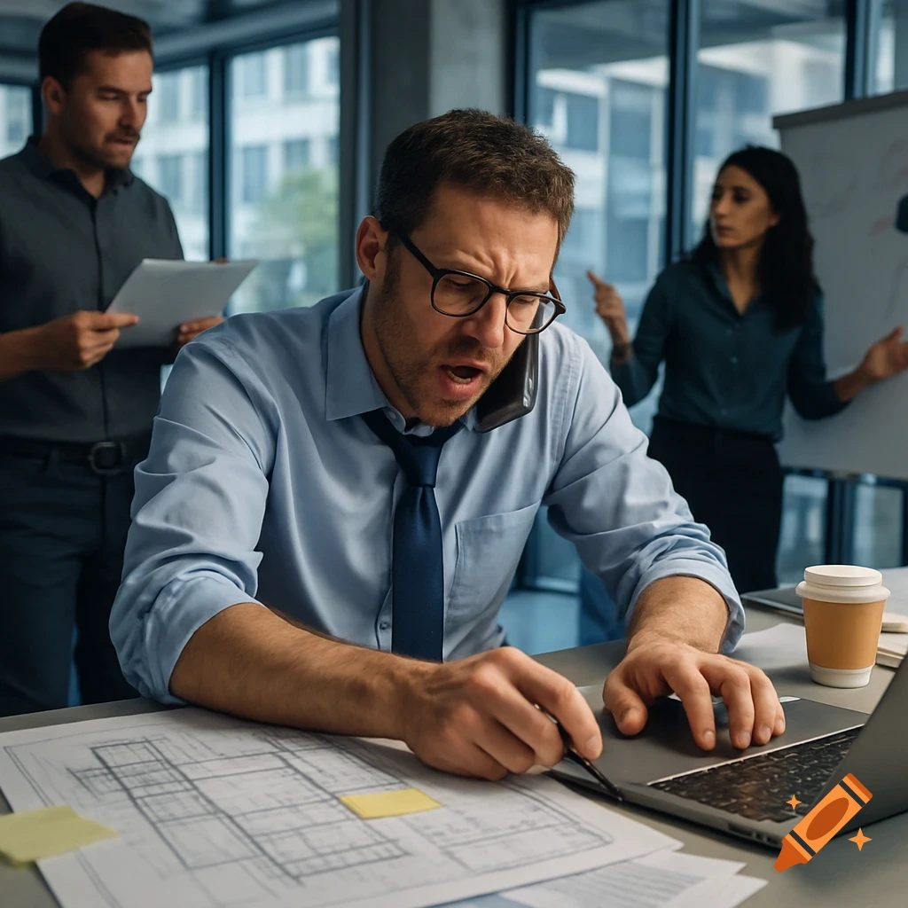 A stressed male team leader on the phone, looking overwhelmed while working at a cluttered office desk with a laptop and blueprints. Colleagues are in the background.