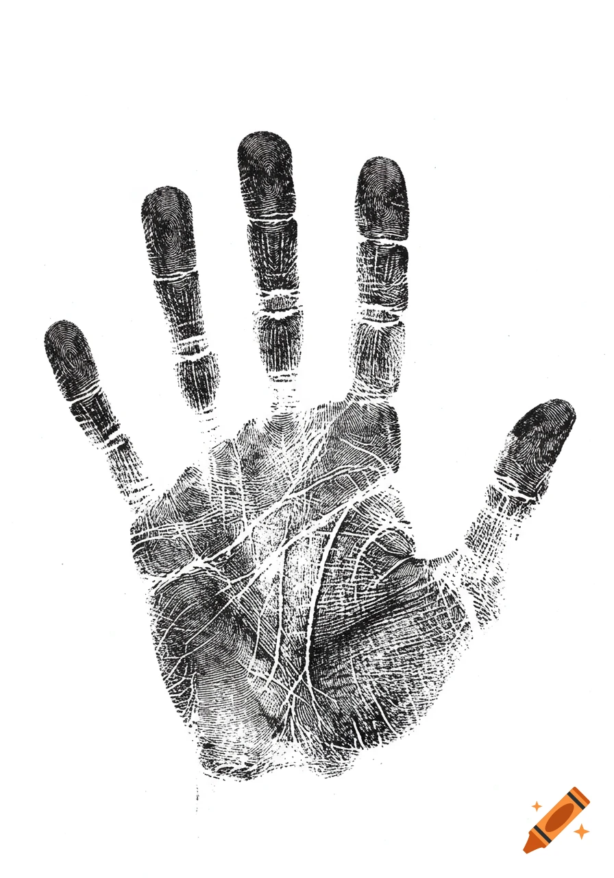 A black ink handprint on a pure white background, in a forensic style.