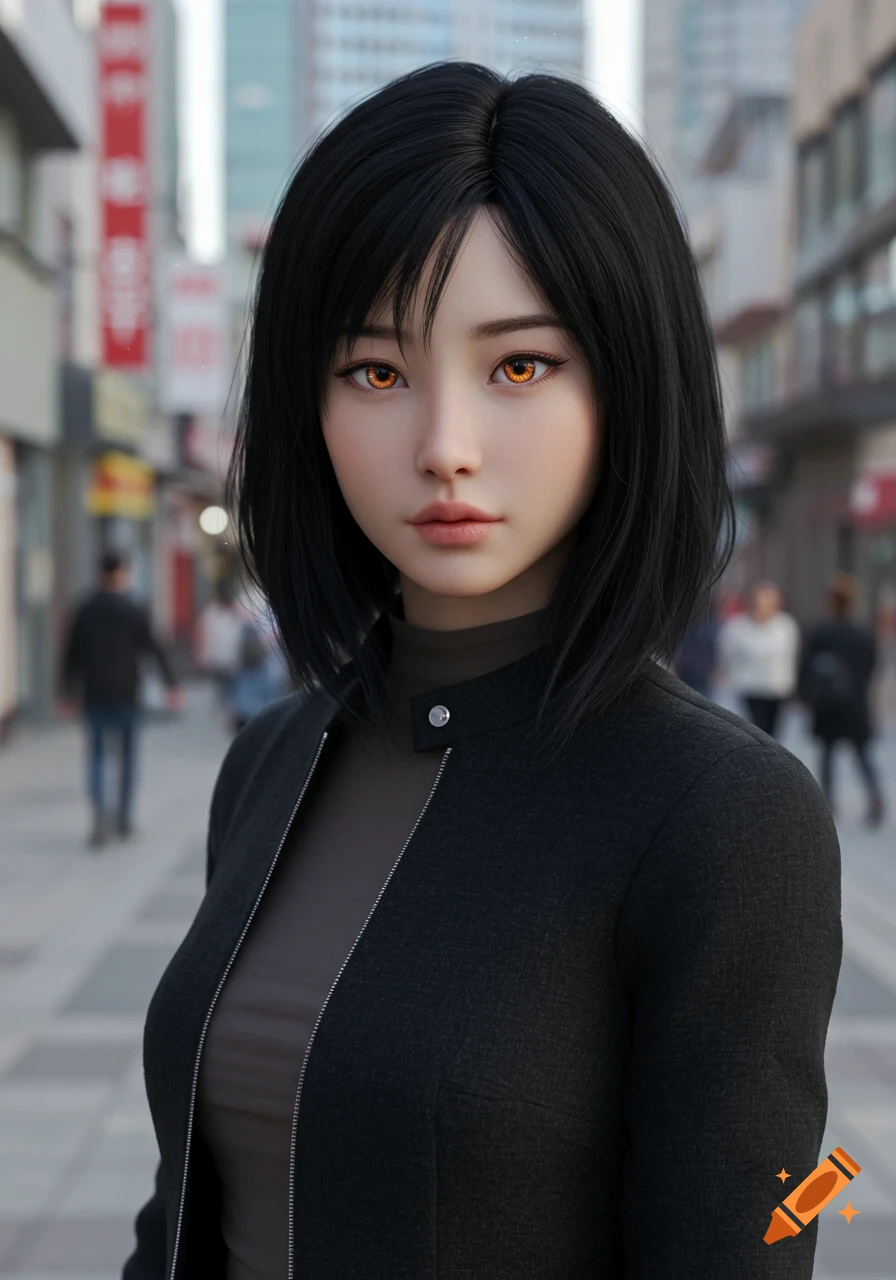 A photorealistic portrait of an Asian girl with black hair and glowing orange eyes wearing a black jacket in a city street.