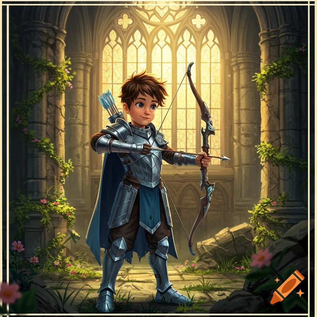 A young boy knight in silver armor holds a bow and arrow in a ruined castle bathed in golden light from stained glass windows.