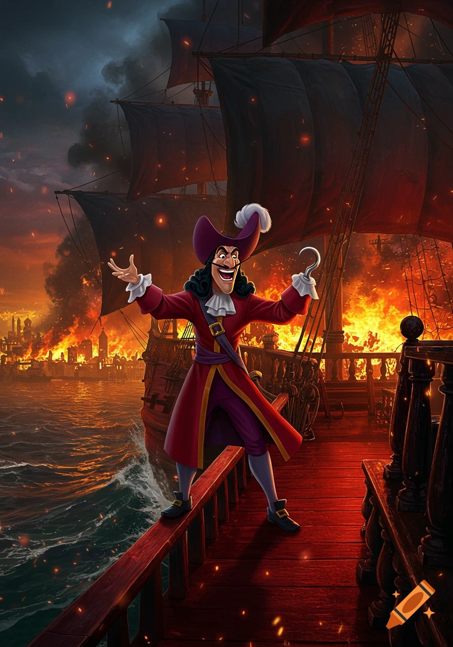 Disney's Captain Hook on a pirate ship with black sails, a city burning in the background.