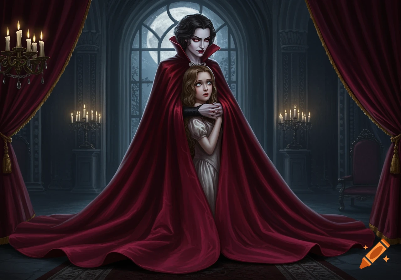 A pale Countess Dracula wraps a scared princess in her large red cape within a gothic chamber under a full moon.
