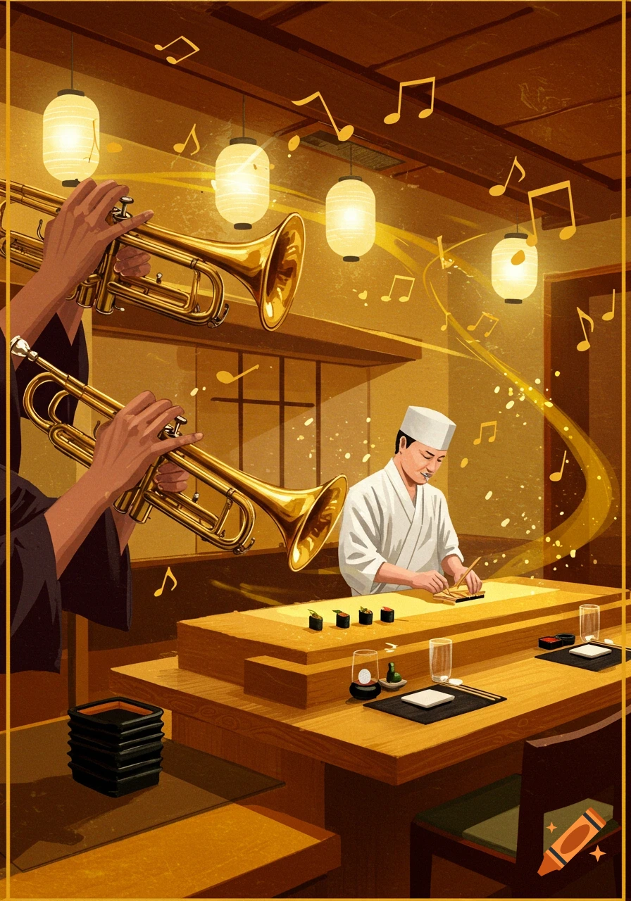 Stylized illustration of a sushi chef preparing food at a bar, with musicians playing trumpets and musical notes filling the air in a warmly lit Japanese restaurant.