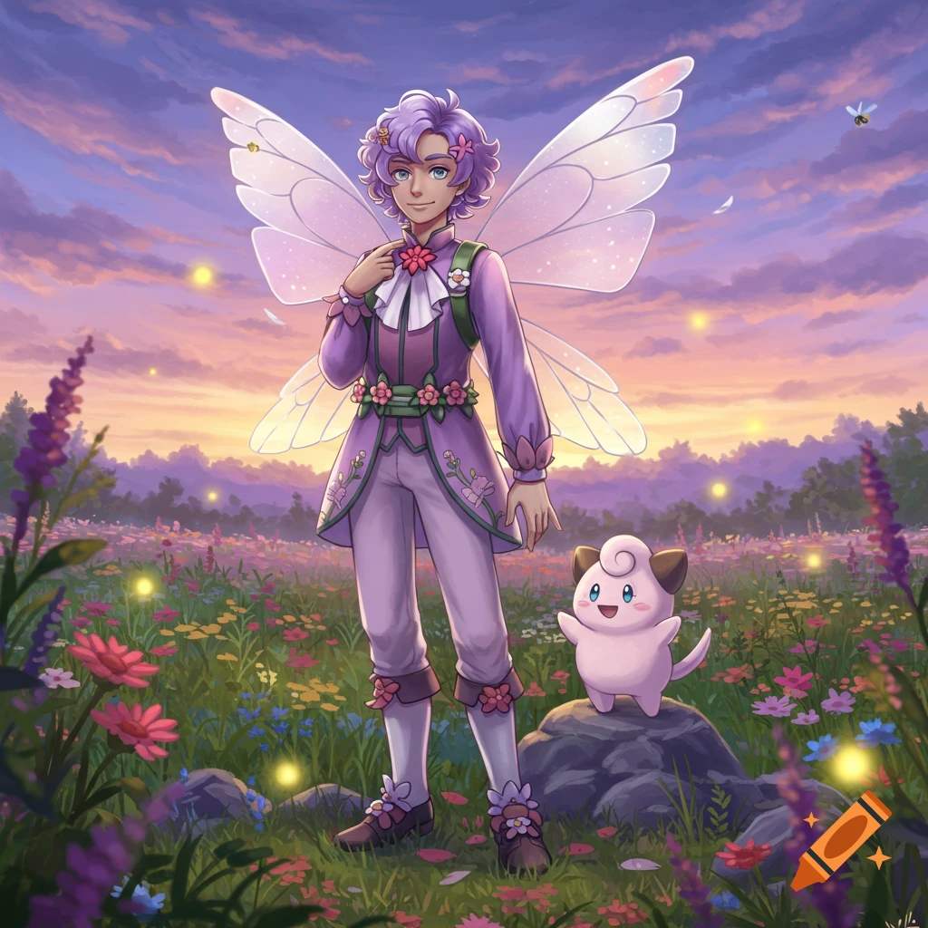 A male fairy trainer with purple hair and wings stands in a field of flowers at sunset with a pink Cleffa.