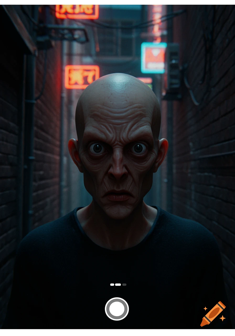 A horrifying bald man with large eyes stares intensely from a dark, narrow alleyway lit by red and blue neon signs. The image has iPhone camera UI elements at the bottom.