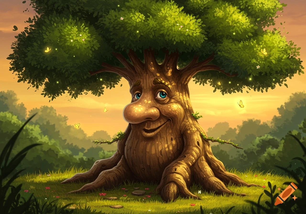 A happy, cartoonish tree character with a large nose and roots like feet, smiling in a magical forest at sunset.