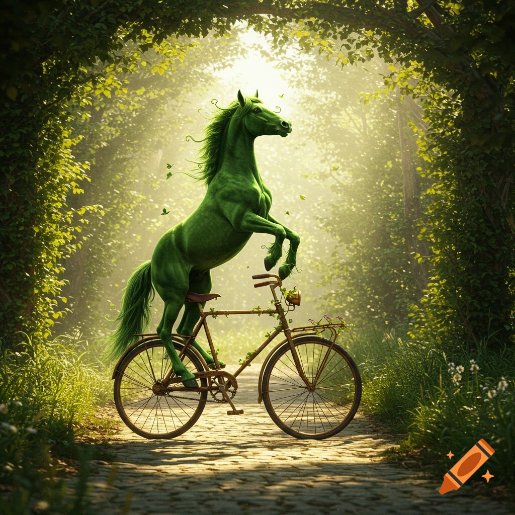 A vibrant green horse rears up on a bicycle on a cobblestone path in a sunlit, lush forest, with green leaves arching overhead.