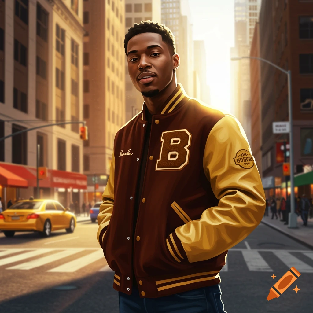 A young Black man in a brown and gold letterman jacket stands on a sunny city street.