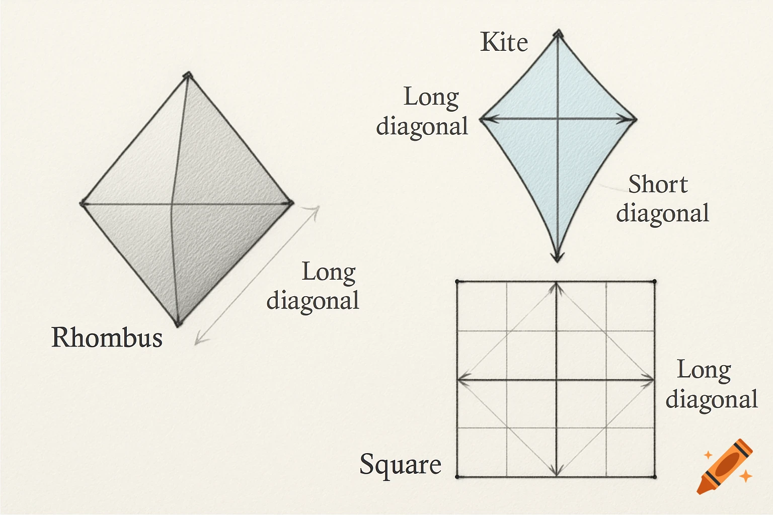 Diagram showing a rhombus, a kite, and a square, with their long and short diagonals labelled.