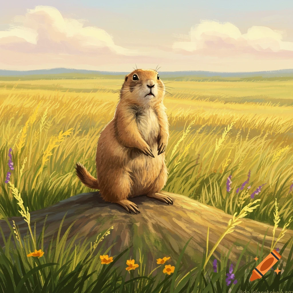 An illustrated prairie dog stands upright on a small mound in a golden grassy field under a cloudy sky.