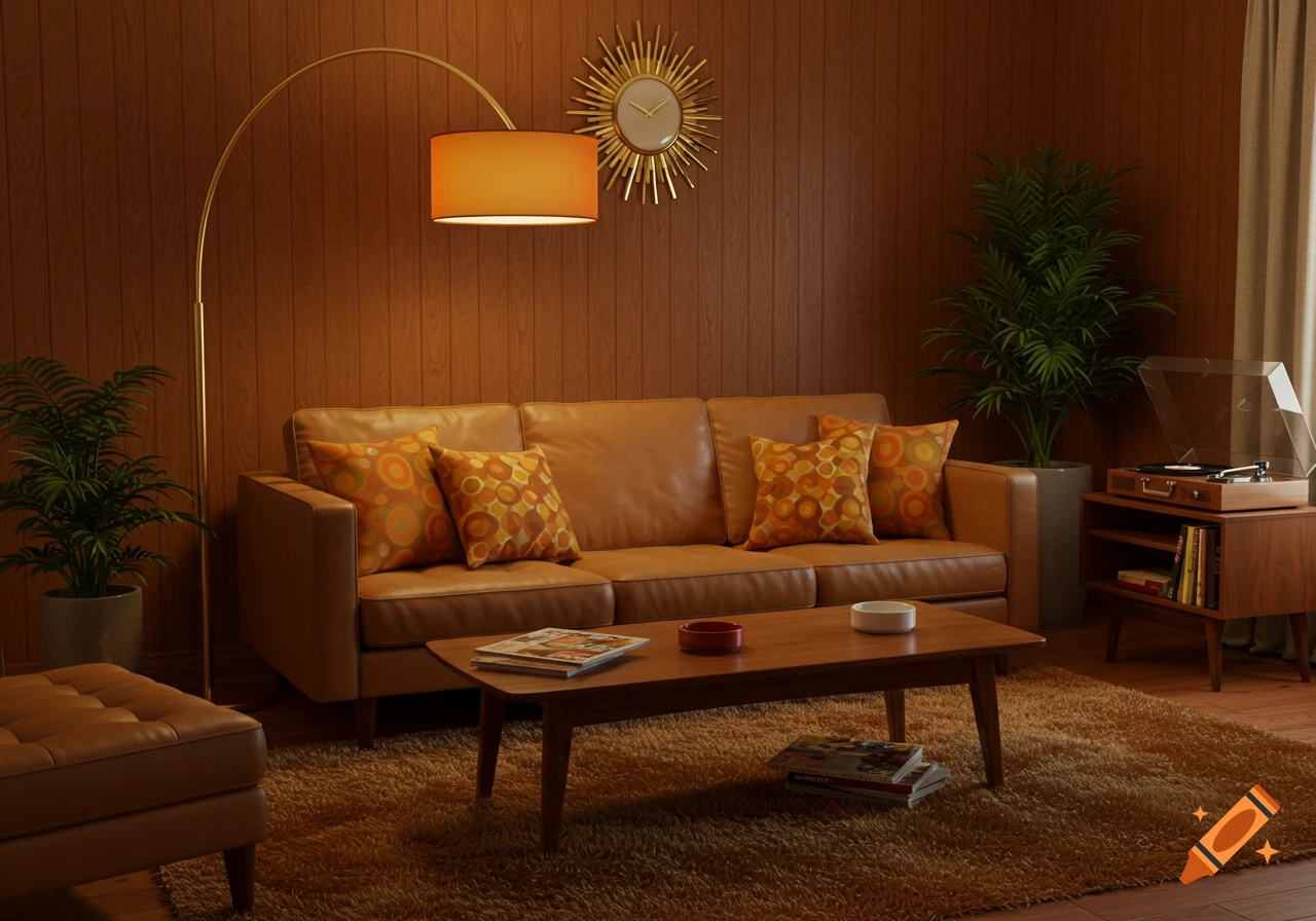 A cozy 70s-style living room with a brown leather sofa, orange patterned pillows, an arc lamp, and wood paneling.