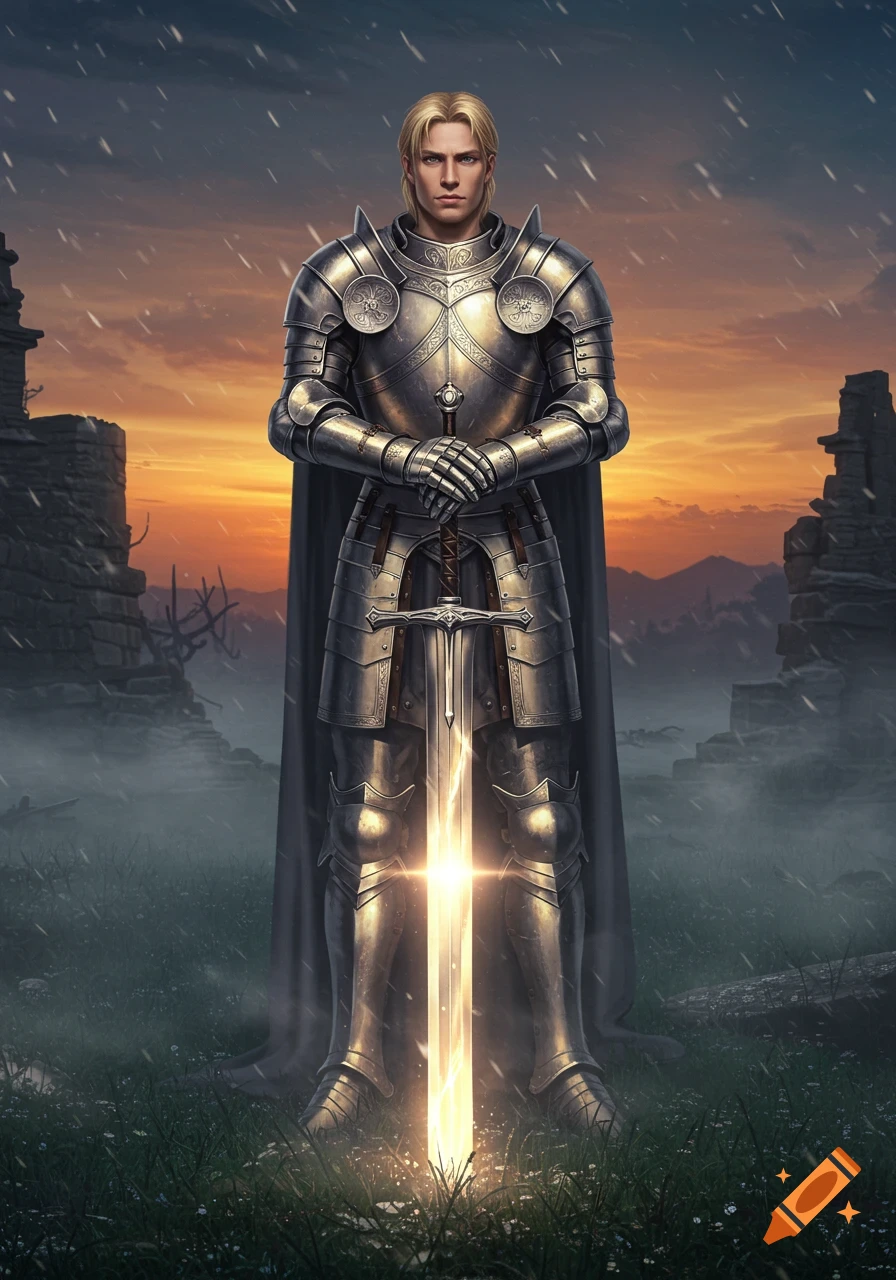 A blonde knight in shining platinum armor holds a glowing two-handed sword, standing in a misty, ruined landscape at sunset.