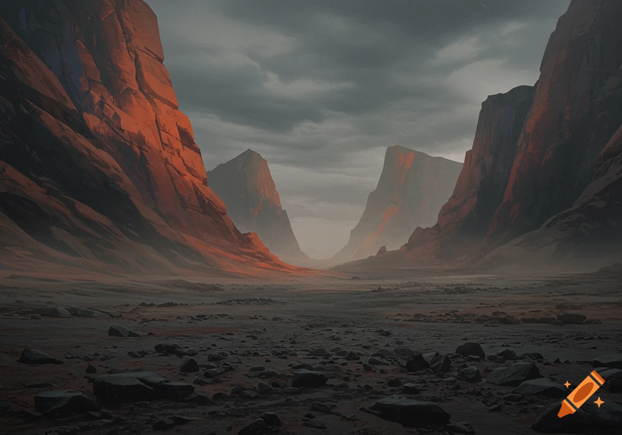 A desolate, rocky landscape under an overcast sky, with towering red and grey mountains creating a narrow canyon vista.