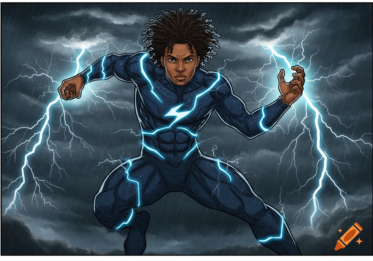 A male superhero with curly hair in a dark blue suit with lightning patterns, generating electricity in a stormy sky.