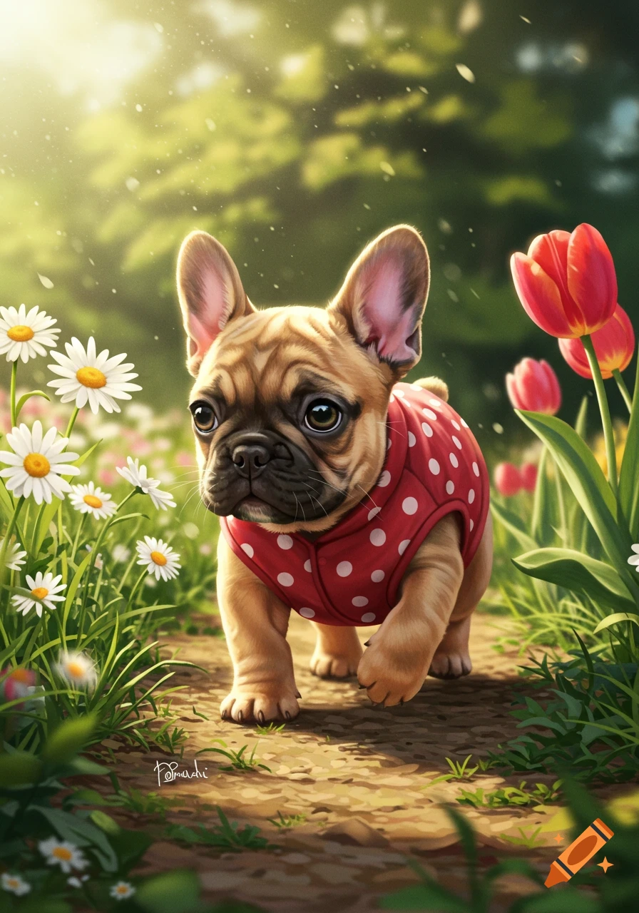 A cute baby French bulldog wearing a red polka-dot vest walks through a sunny field with daisies and tulips.