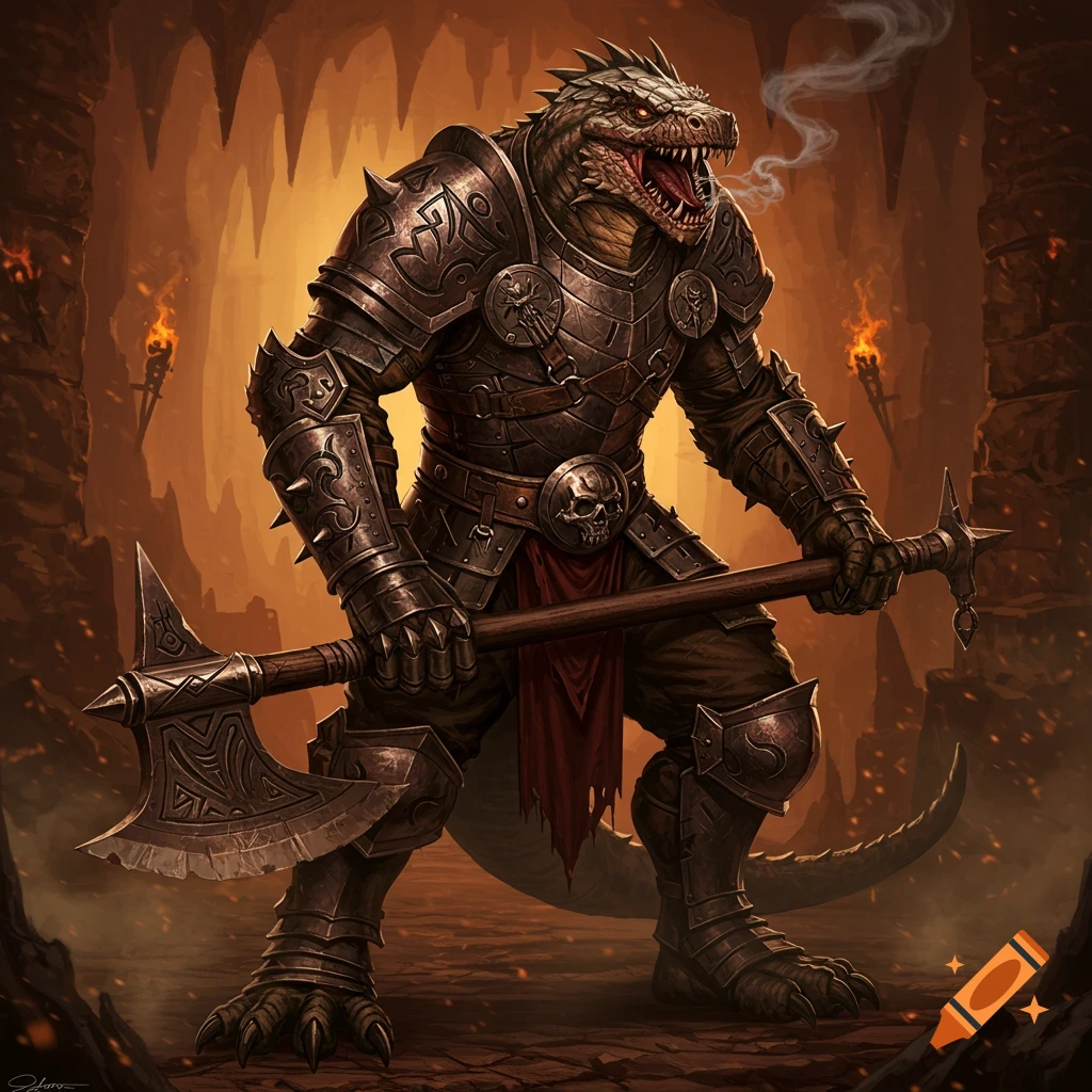 A fierce lizardfolk barbarian in intricate heavy armor, baring fangs and emitting smoke, stands holding a large battleaxe in a torchlit cave.