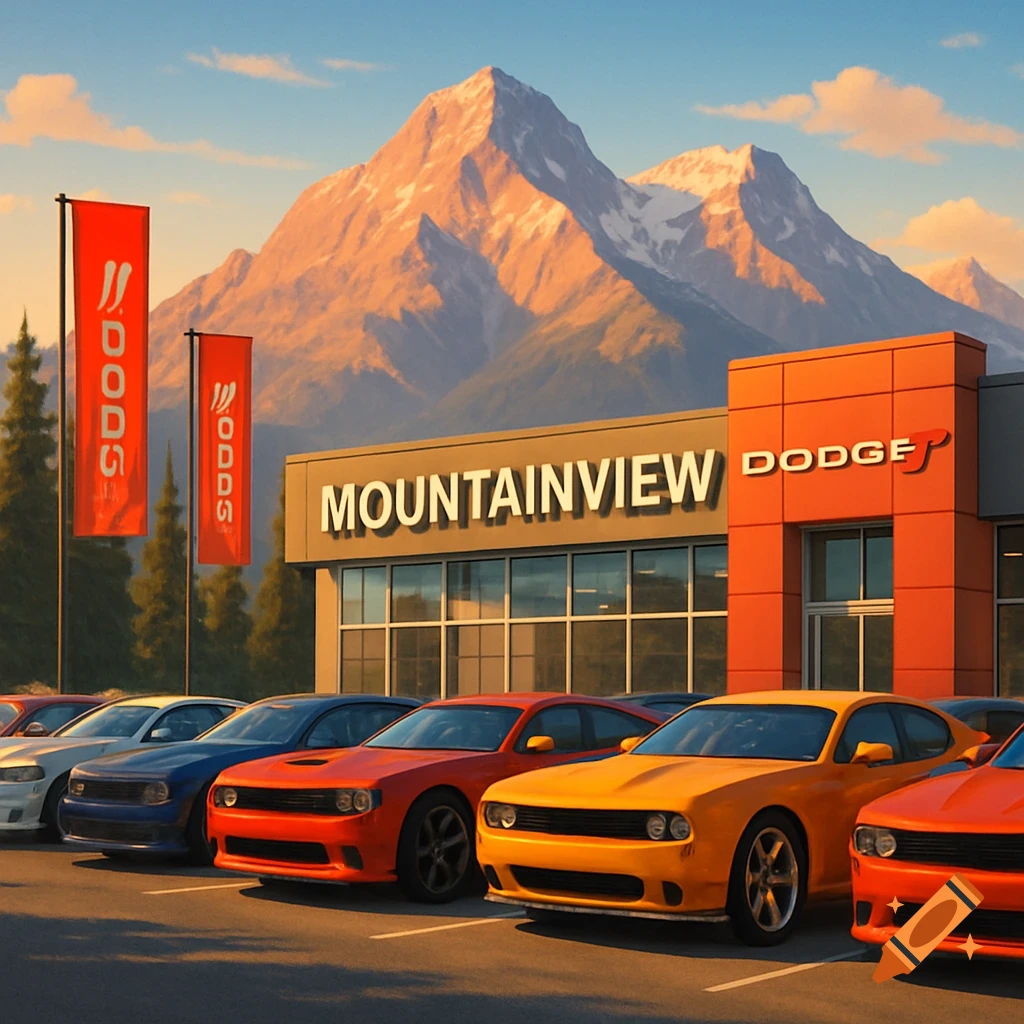 A photorealistic image of a Dodge car dealership with many cars parked, set against a mountain backdrop.