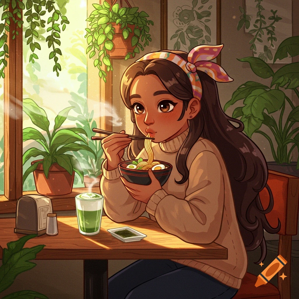 A cartoon girl with long brown hair eats ramen with chopsticks and drinks matcha in a sunny cafe surrounded by plants.