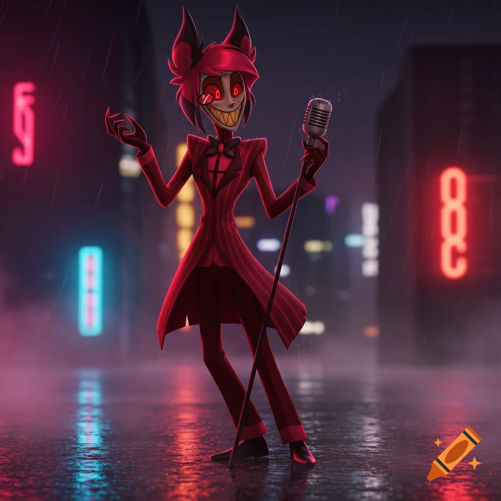 Alastor, a demonic character in a red pinstripe suit and bow tie, holds a microphone on a rainy street at night with neon lights.