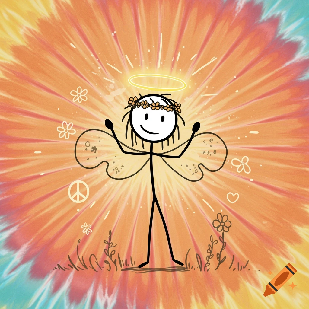 A smiling stick figure with a halo, flower crown, and wings stands in grass against a vibrant tie-dye background with peace signs and flowers.