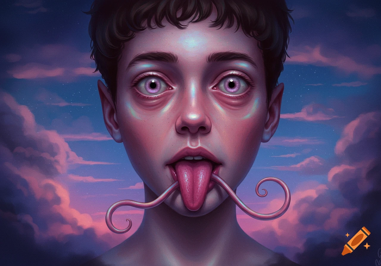 Close-up digital painting of a person with wide, pink eyes and an extremely long, curling pink tongue sticking out, against a twilight sky with pink clouds.