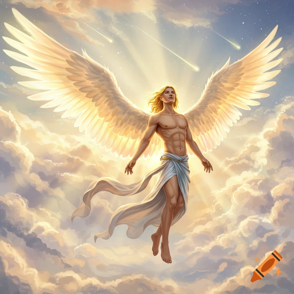 A majestic male angel with blonde hair and large white wings floats among sunlit clouds with shooting stars.