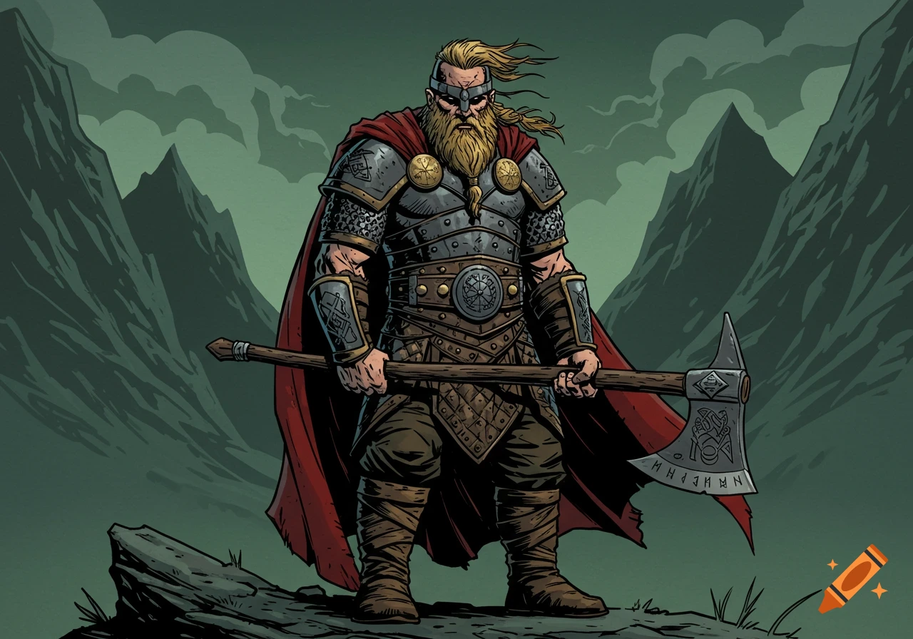 A strong Viking warrior with a blonde beard and a red cape, holding a large axe, against a mountainous, misty green background in a stylized comic art style.