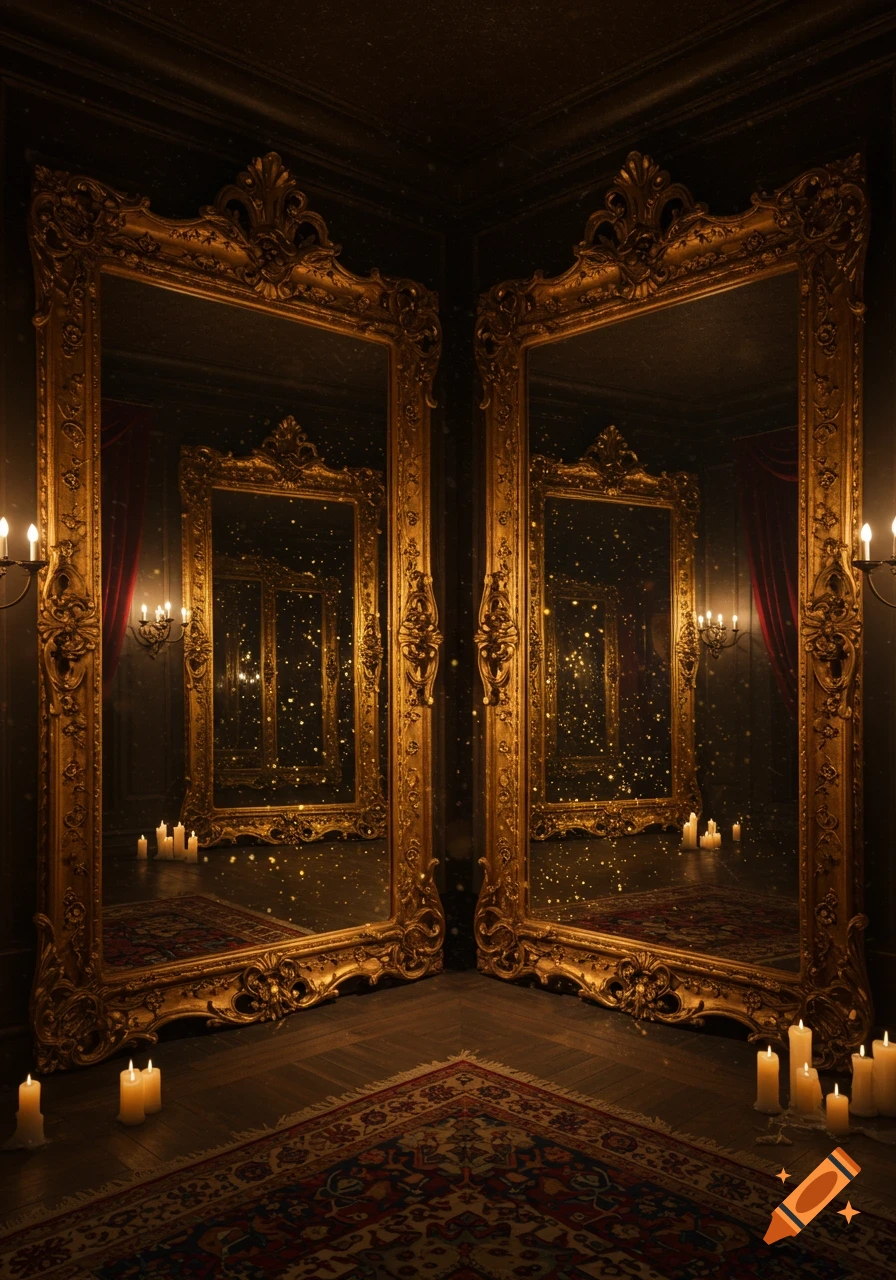 A dark, ornate room with two large gold antique mirrors reflecting an infinite hallway, lit by many glowing candles and golden particles.