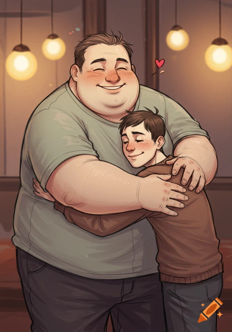A heartwarming cartoon illustration of a chubby man in a light green shirt hugging a smaller, thin man in a brown shirt under warm hanging lights.