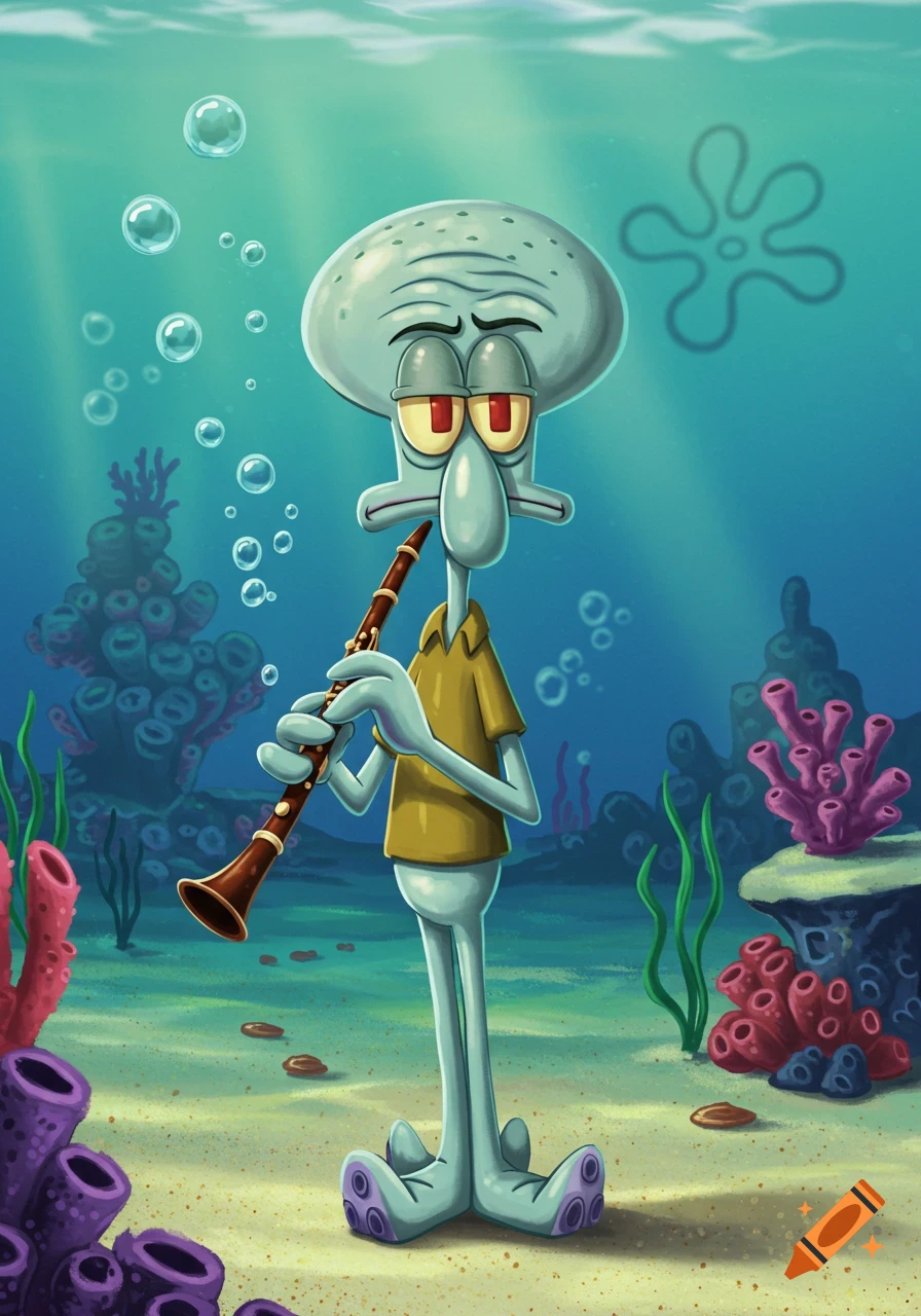 Squidward Tentacles playing a clarinet underwater in a vibrant cartoon style, surrounded by coral and bubbles.