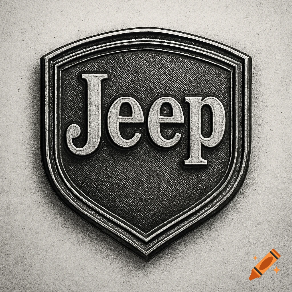 A vintage-style black and white embossed Jeep logo on a shield emblem.