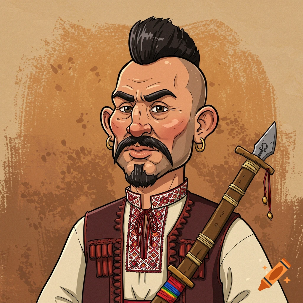 A cartoon close-up portrait of a man with a Cossack mohawk, goatee, and hoop earrings, wearing traditional Ukrainian embroidered clothing and carrying a spear.