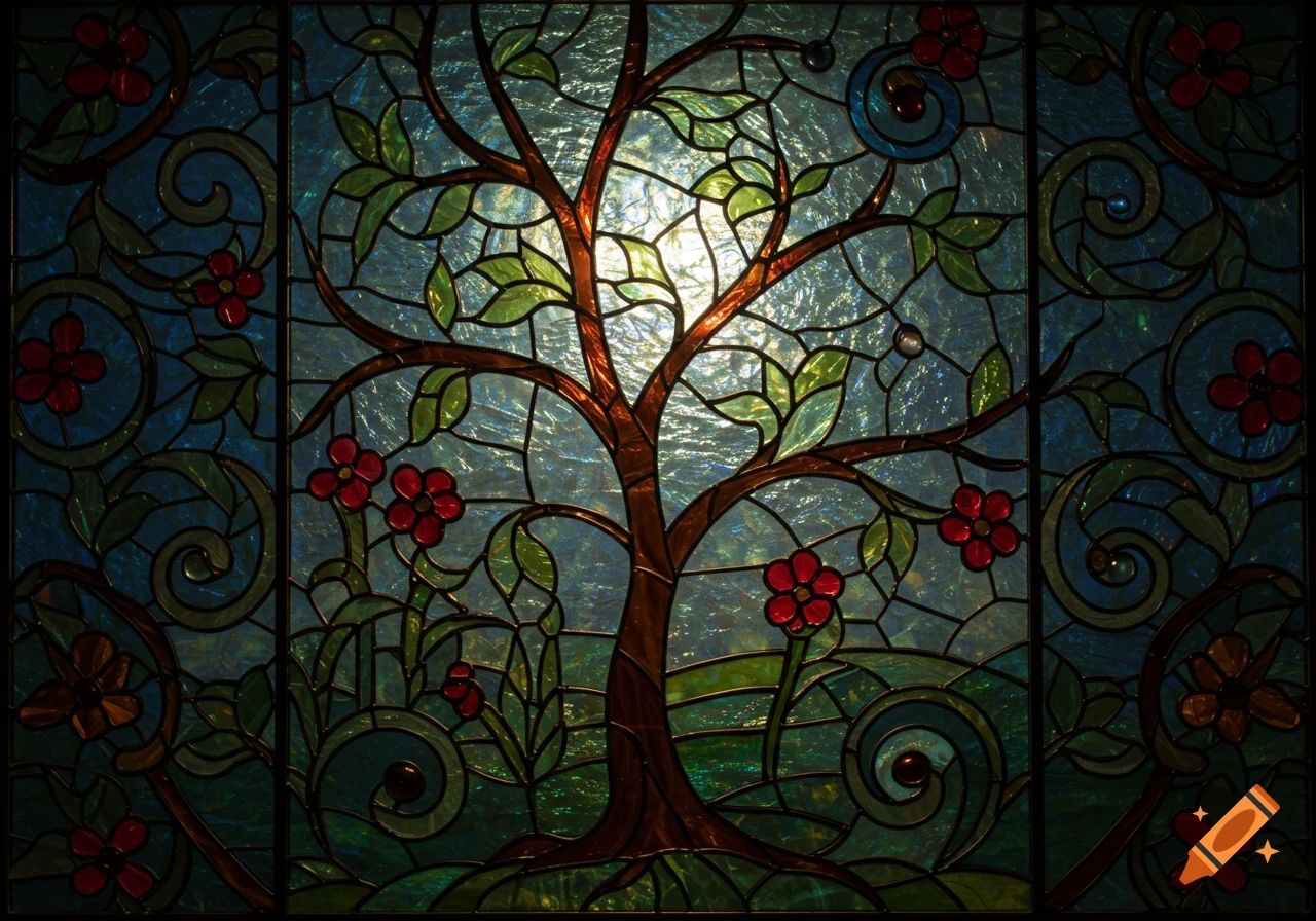 A vibrant stained glass panel depicting a tree with green leaves and red flowers against a bright blue and green background.