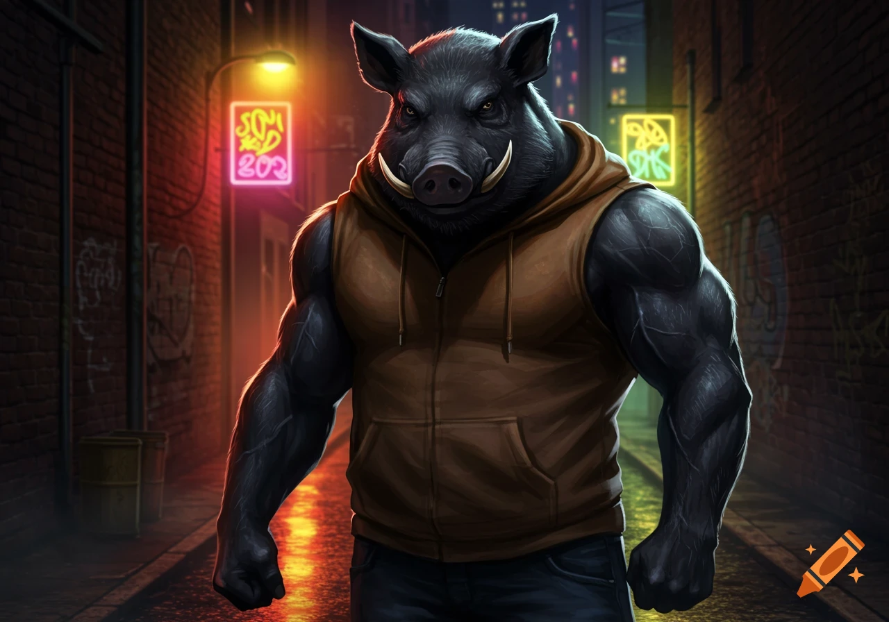 A muscular, dark-furred wild boar character wearing a brown hoodie stands in a dimly lit city alley at night, with neon signs in the background.