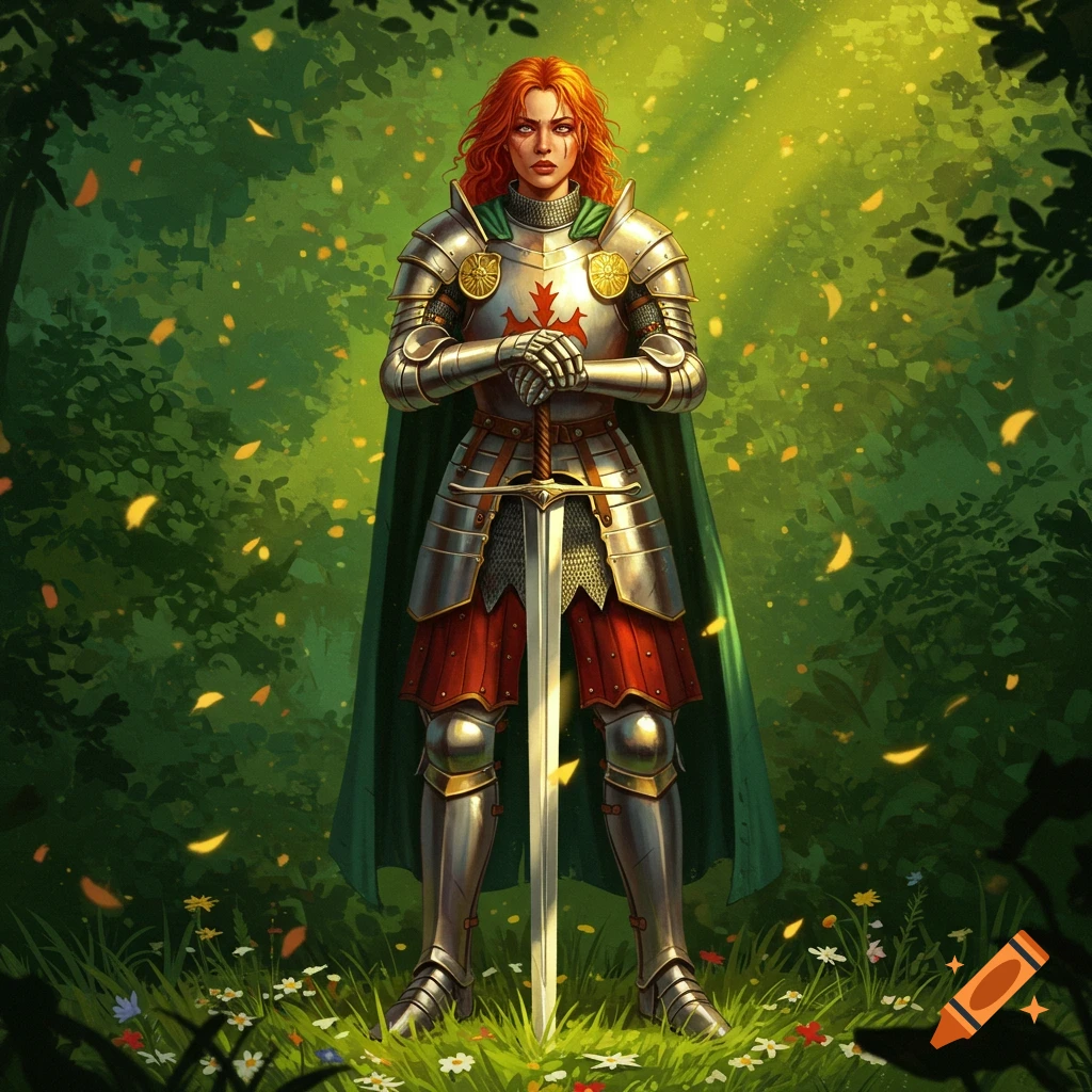 A red-haired female knight in shining armor with a green cape stands holding a sword in a sun-dappled forest clearing.
