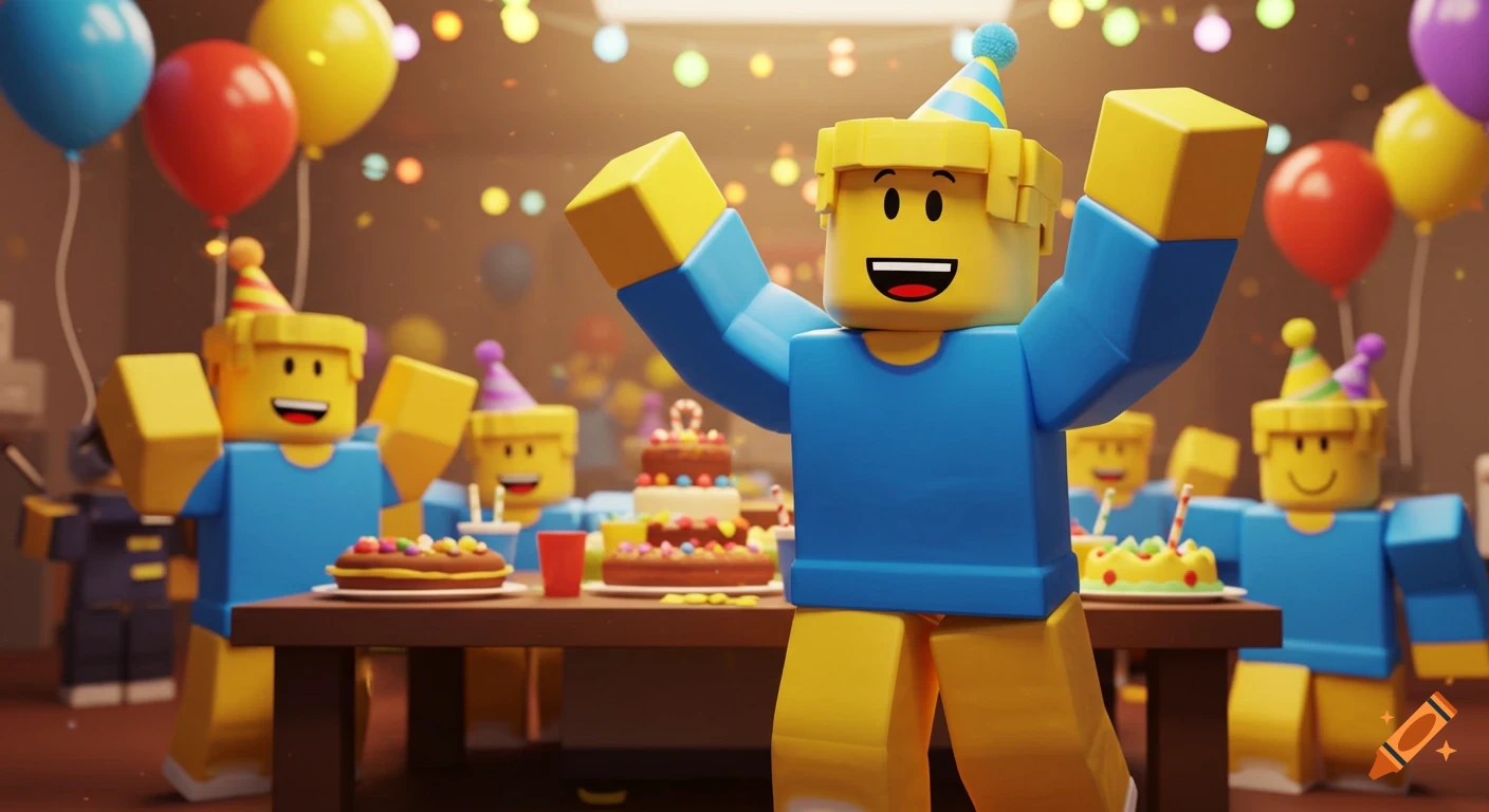 Roblox-style block characters celebrating at a birthday party with cakes, balloons, and string lights.