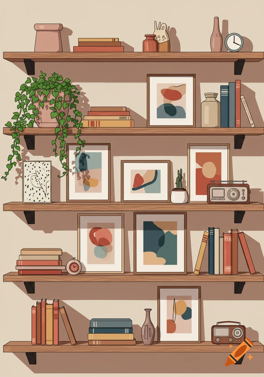 2D illustration of wooden shelves filled with potted plants, stacks of books, abstract art prints, radios, and other decorative items.