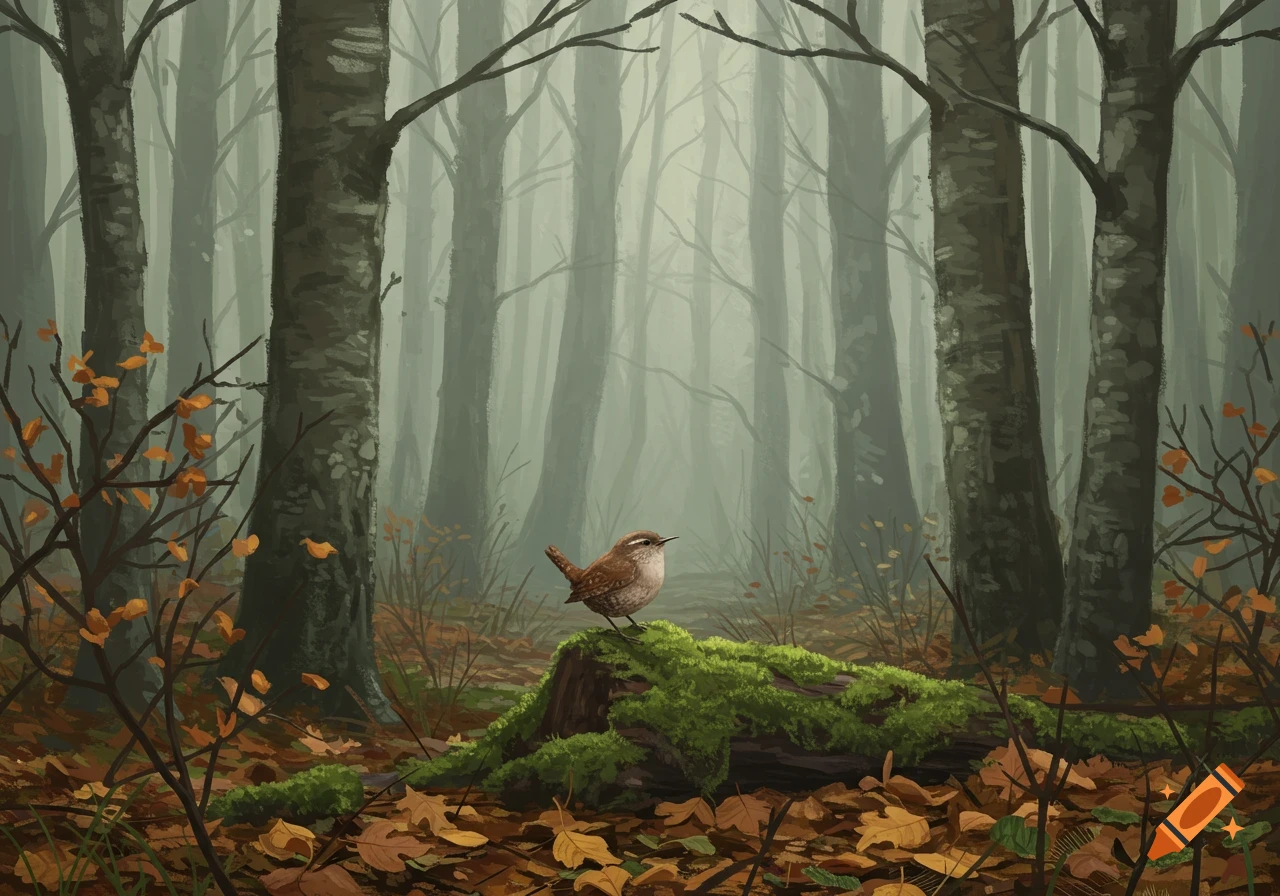 A small winter wren perches on a mossy log in a misty, autumn alder forest.