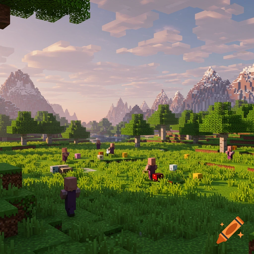 A vibrant blocky landscape resembling Minecraft with green fields, trees, snow-capped mountains, and villagers.