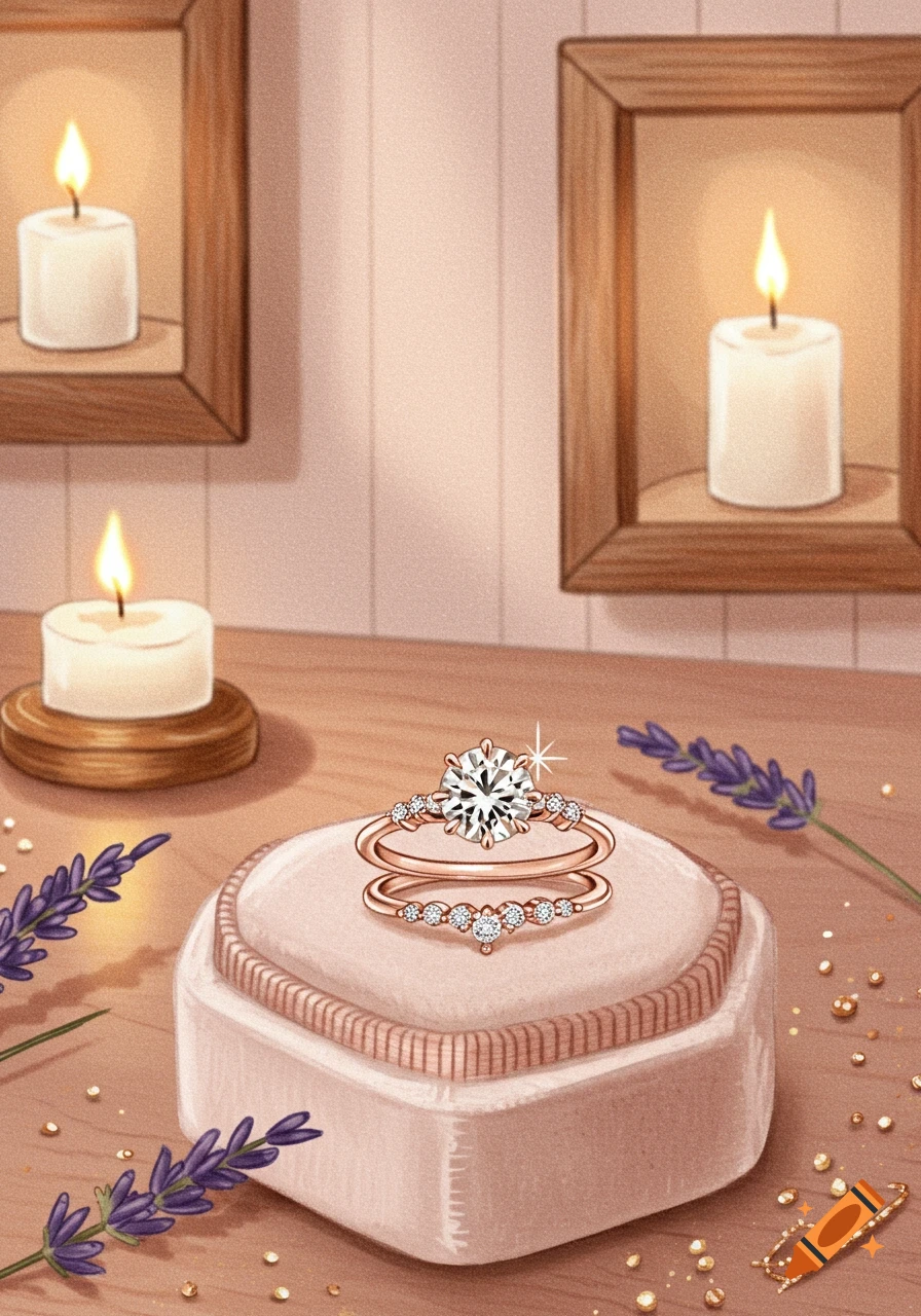 A close-up of a rose gold diamond engagement ring set on a pink velvet box, surrounded by lit candles and lavender sprigs on a wooden table.