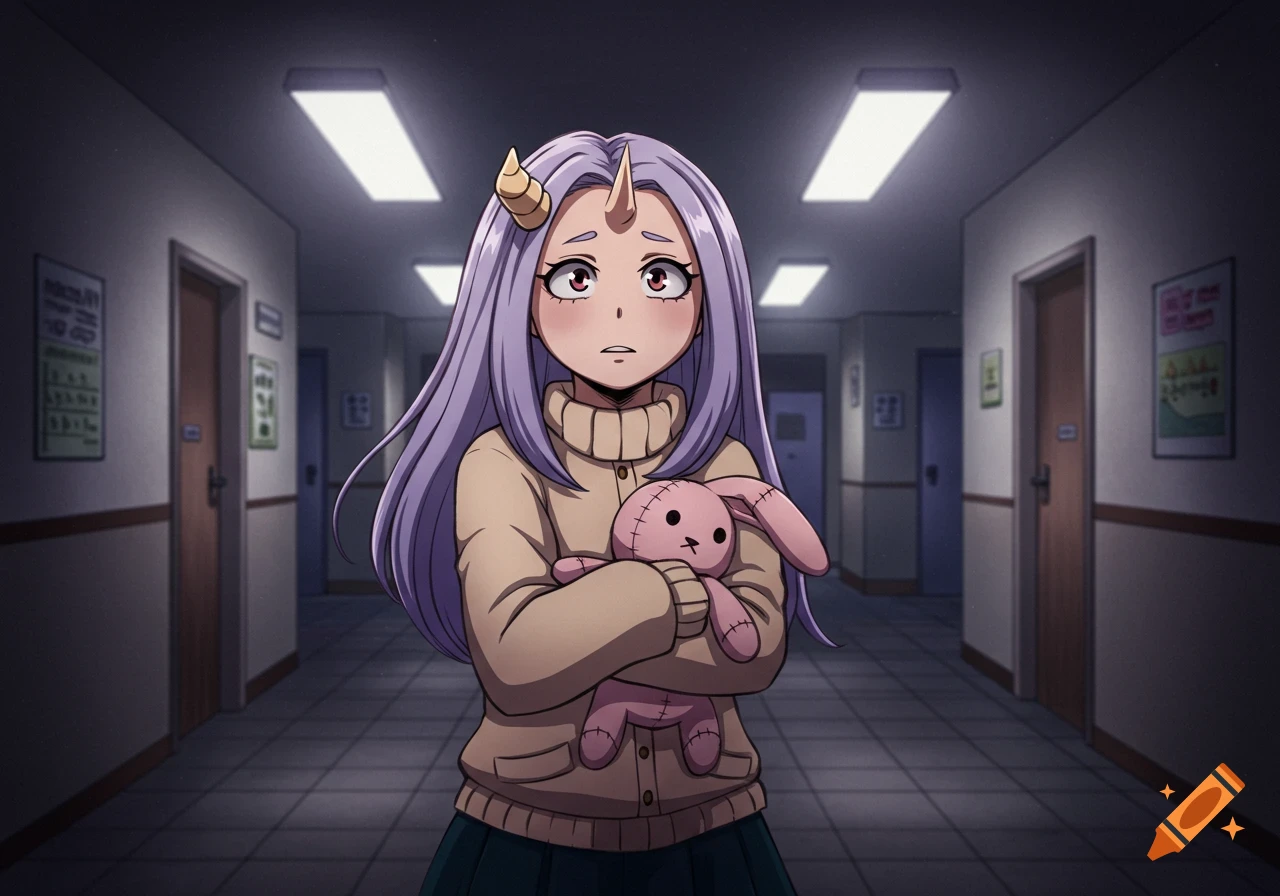 An anime girl with long purple hair and a horn, wearing a beige sweater, stands in a dark hallway holding a pink stuffed bunny.