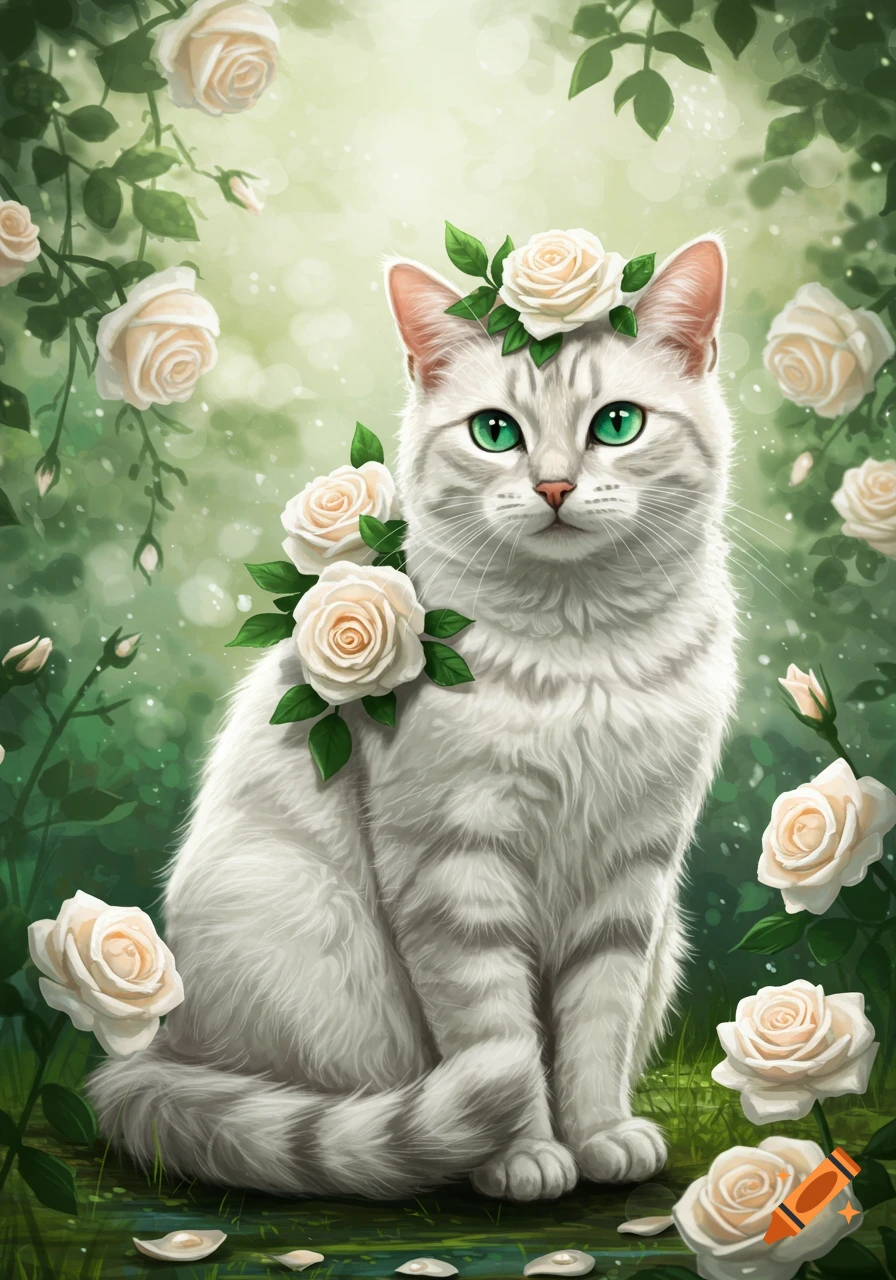 White cat with green eyes sitting amidst white roses and green foliage, digital art.