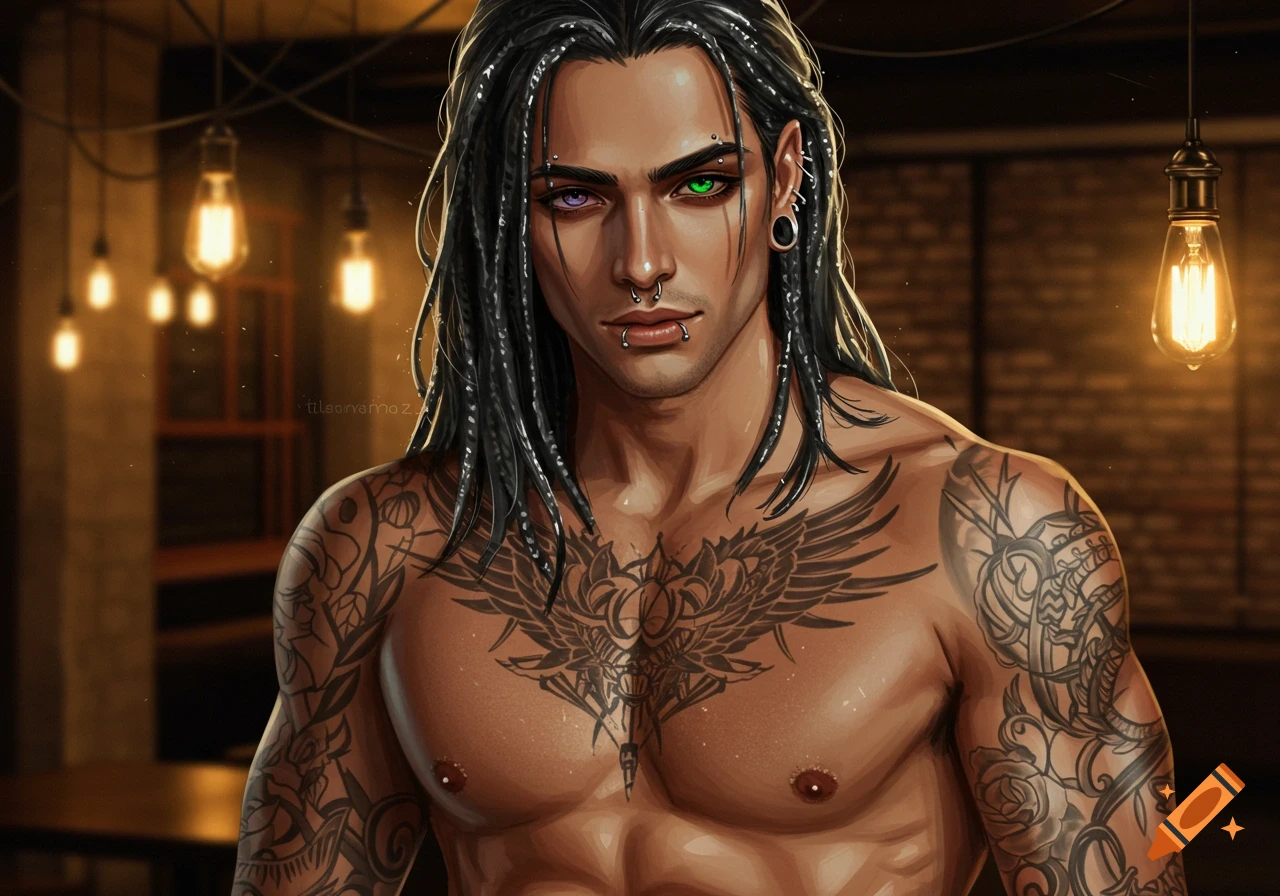 A shirtless man with dreadlocks, heterochromia, piercings, and tattoos stares forward in a dimly lit industrial setting.